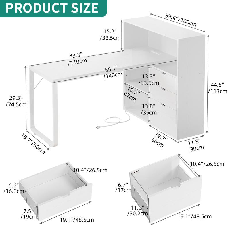 YITAHOME L Shaped Desk with Power Outlets & LED Lights & File Cabinet, 55" Corner Computer Desk with 3 Drawers & 3 Storage Shelves, Home Office Desk with Bookshelf