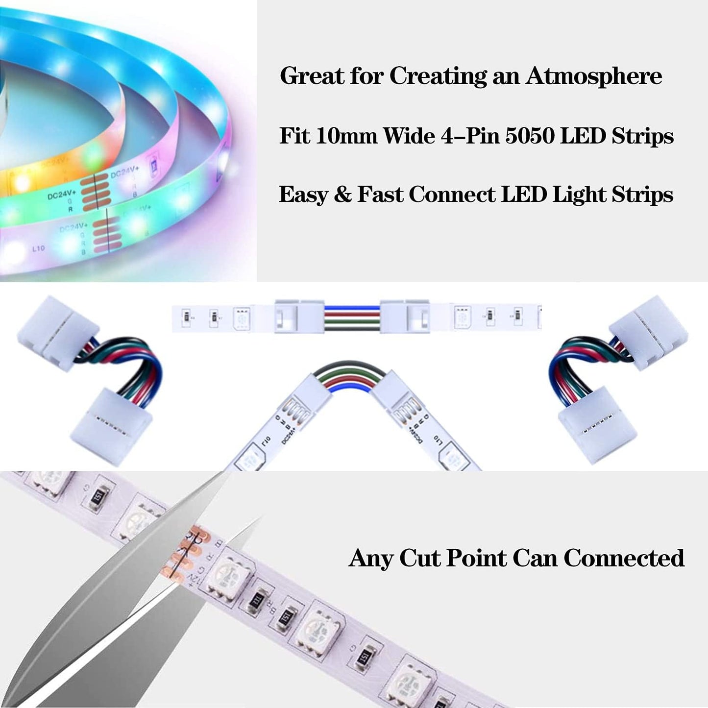 LED Light Connectors L Shape 4 Pin LED Connectors 10Mm Gapless Solderless Strip to Strip Jumper Adapter Terminal Extension LED Strip Connectors for RGB 3528/5050 LED Light Strip Connector