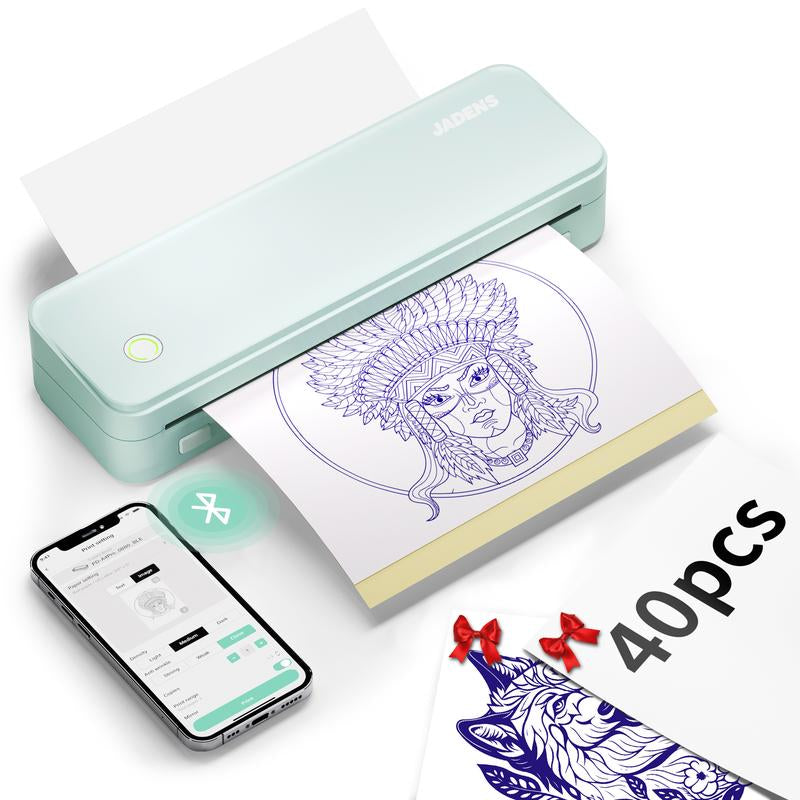 JADENS Wireless Tattoo Transfer Stencil Printer, Portable Thermal Tattoo Machine for Tattoo Beginners with 40Pcs Stencil Paper, Rechargeable & Inkless