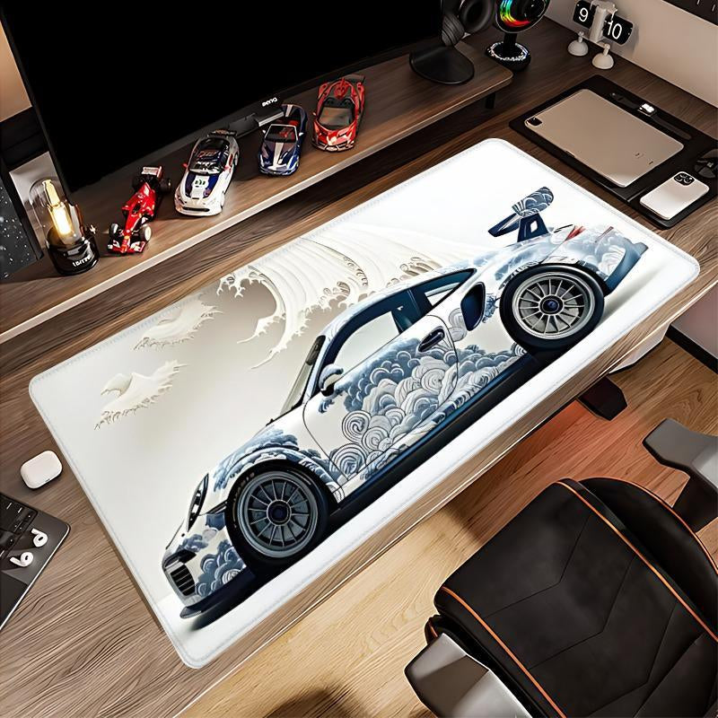 Ocean Wave & Racing Car Pattern Mouse Pad, 1 Count Large Gaming Desk Mat with Non-Slip Rubber Base, Keyboard Accessories, Large Desk Mouse Pad, Perfect for E-Sports and Office Use, Anime Mousepad