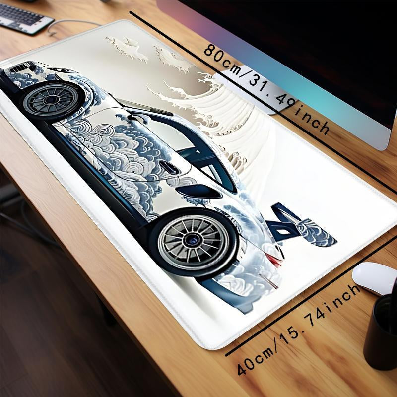 Ocean Wave & Racing Car Pattern Mouse Pad, 1 Count Large Gaming Desk Mat with Non-Slip Rubber Base, Keyboard Accessories, Large Desk Mouse Pad, Perfect for E-Sports and Office Use, Anime Mousepad