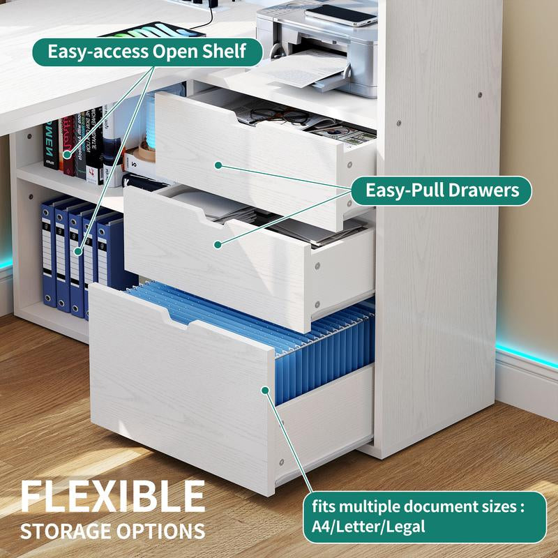 YITAHOME L Shaped Desk with Power Outlets & LED Lights & File Cabinet, 55" Corner Computer Desk with 3 Drawers & 3 Storage Shelves, Home Office Desk with Bookshelf