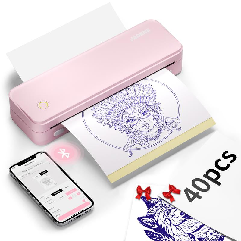 JADENS Wireless Tattoo Transfer Stencil Printer, Portable Thermal Tattoo Machine for Tattoo Beginners with 40Pcs Stencil Paper, Rechargeable & Inkless
