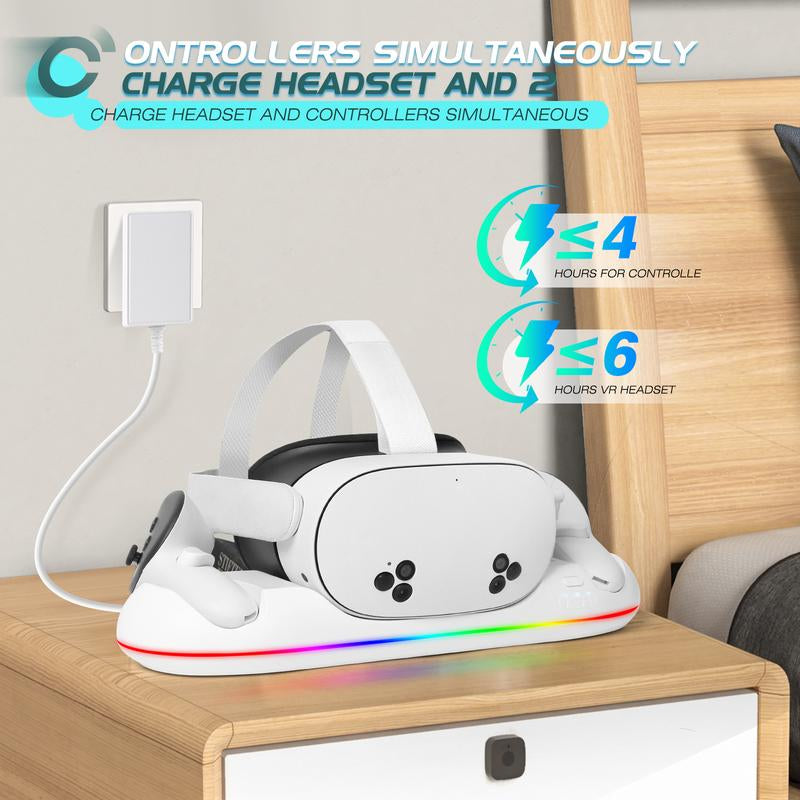 HURRA Charging Dock for Meta Quest 3S/Quest 3/Quest 2/Quest Pro, Fast Charging Station with LED Indicator/Magnetic Charging Headset & Controllers, 2 Rechargeable Batteries, USB-C Charger & Cable