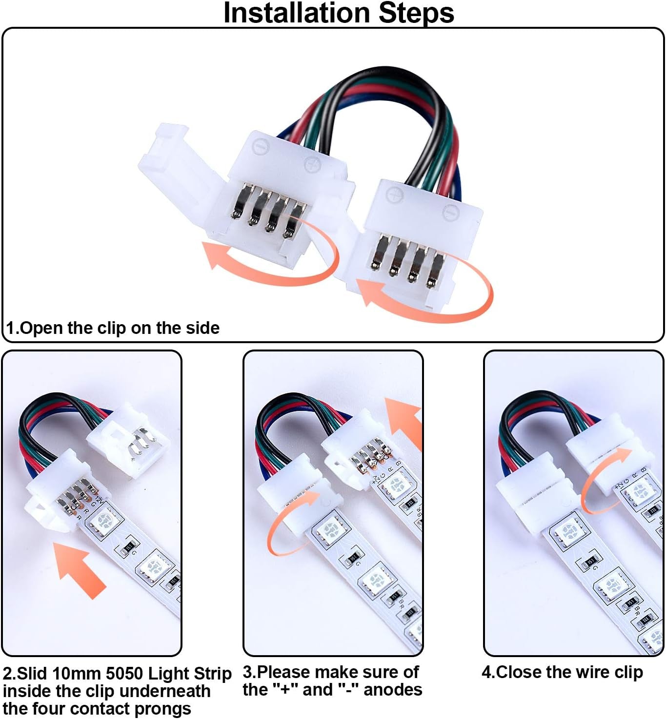 LED Light Connectors L Shape 4 Pin LED Connectors 10Mm Gapless Solderless Strip to Strip Jumper Adapter Terminal Extension LED Strip Connectors for RGB 3528/5050 LED Light Strip Connector