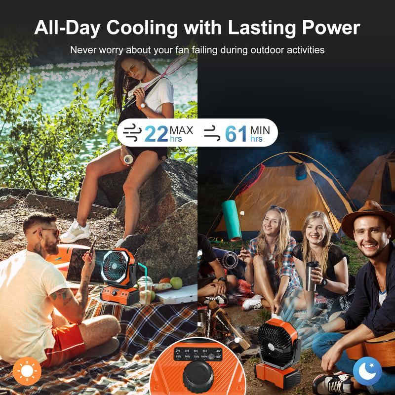 Odoland 40000Mah Camping Fan with LED Light, Battery Operated Oscillating Desk Fan with Remote & Hook, Rechargeable Outdoor Tent Fan with Timer for Hurricane Power Outage Travel Jobsite RV