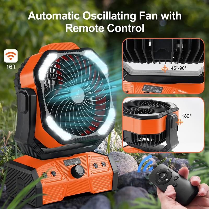 Odoland 40000Mah Camping Fan with LED Light, Battery Operated Oscillating Desk Fan with Remote & Hook, Rechargeable Outdoor Tent Fan with Timer for Hurricane Power Outage Travel Jobsite RV