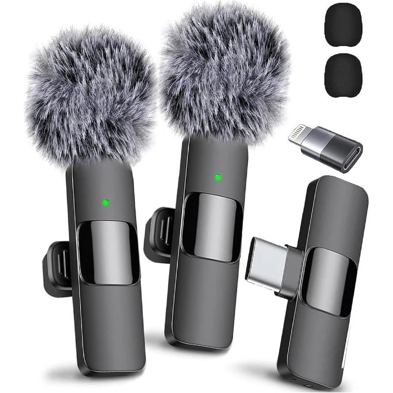 Wireless Lavalier Microphone for Iphone/Smartphone, 2 Mini Lapel Microphones with Clearer Audio for Video Recording, Interview, Vlog,Noise Reduction Device Noise Cancellation Stereo Wireless Lavalier Vlogging Tools Handheld Mic Microfono Minimic