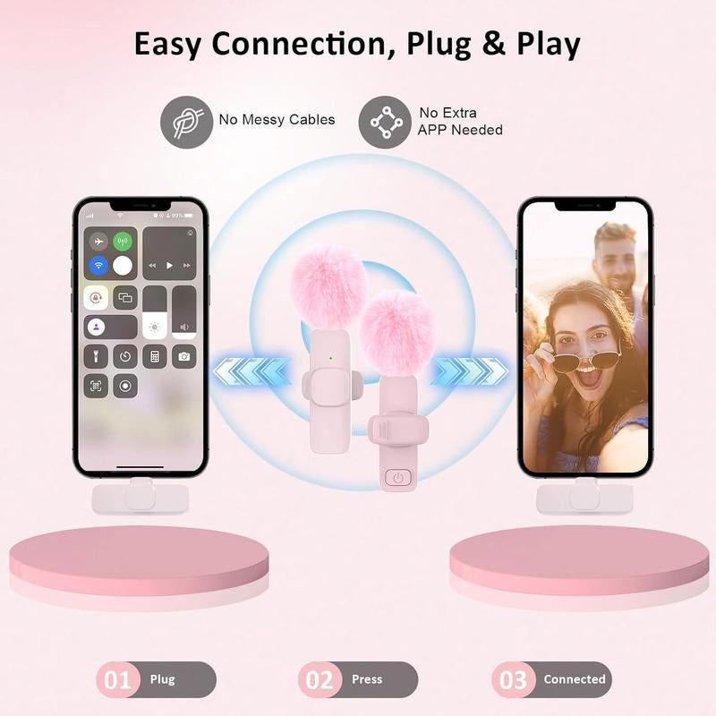 Wireless Lavalier Microphone for Iphone/Smartphone, 2 Mini Lapel Microphones with Clearer Audio for Video Recording, Interview, Vlog,Noise Reduction Device Noise Cancellation Stereo Wireless Lavalier Vlogging Tools Handheld Mic Microfono Minimic