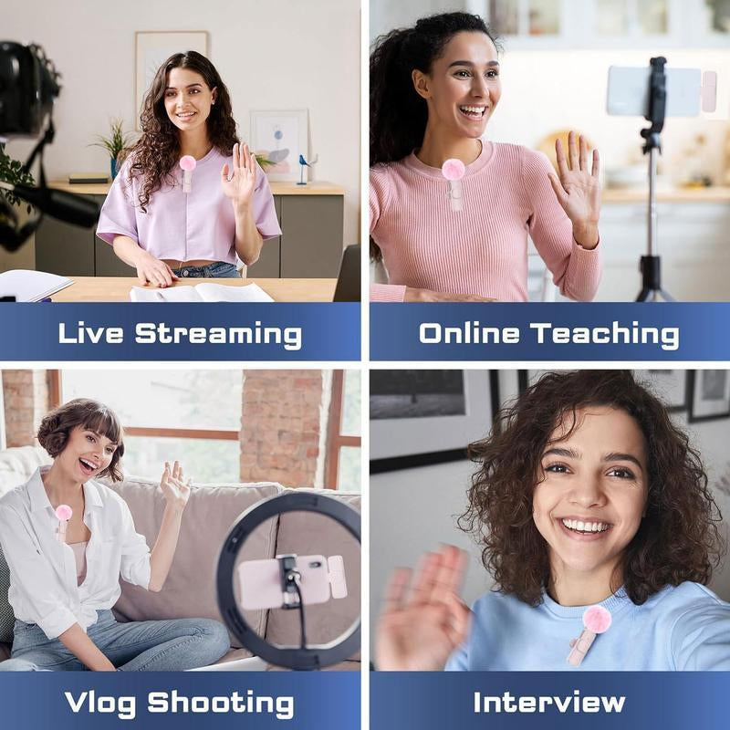 Wireless Lavalier Microphone for Iphone/Smartphone, 2 Mini Lapel Microphones with Clearer Audio for Video Recording, Interview, Vlog,Noise Reduction Device Noise Cancellation Stereo Wireless Lavalier Vlogging Tools Handheld Mic Microfono Minimic