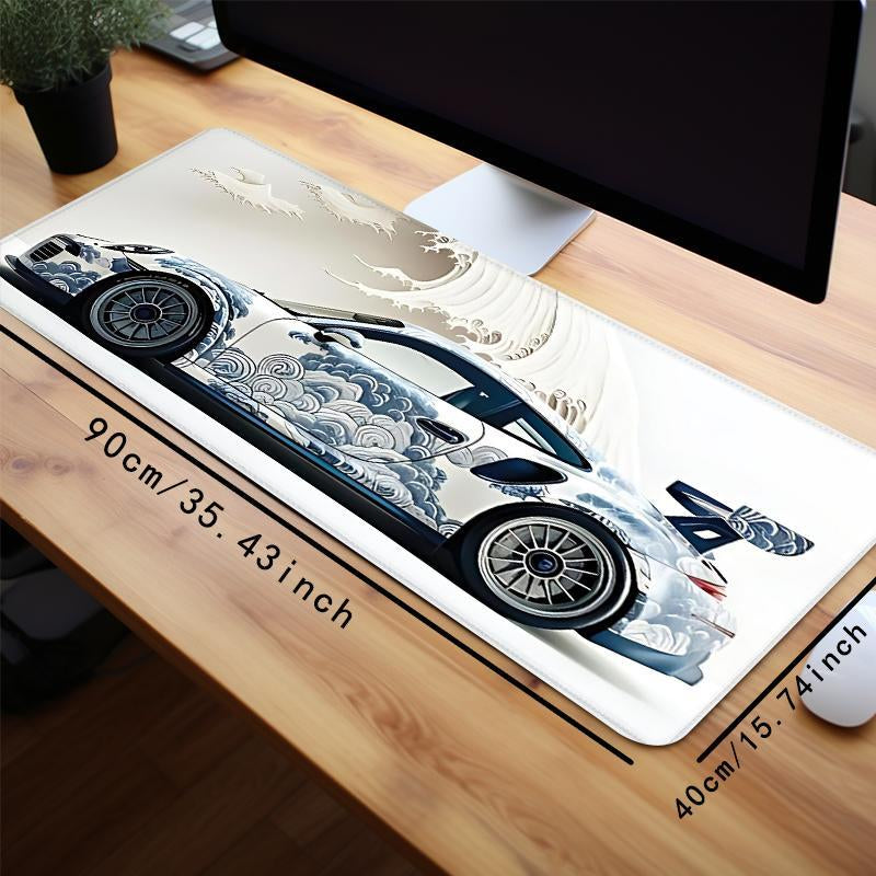 Ocean Wave & Racing Car Pattern Mouse Pad, 1 Count Large Gaming Desk Mat with Non-Slip Rubber Base, Keyboard Accessories, Large Desk Mouse Pad, Perfect for E-Sports and Office Use, Anime Mousepad