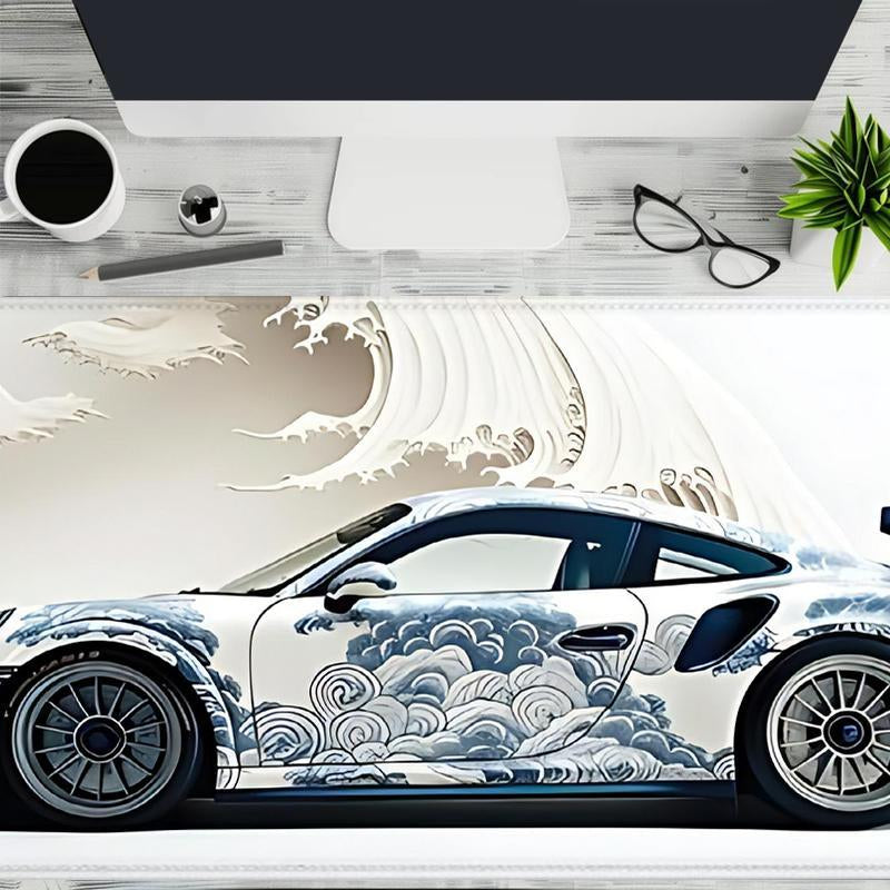 Ocean Wave & Racing Car Pattern Mouse Pad, 1 Count Large Gaming Desk Mat with Non-Slip Rubber Base, Keyboard Accessories, Large Desk Mouse Pad, Perfect for E-Sports and Office Use, Anime Mousepad