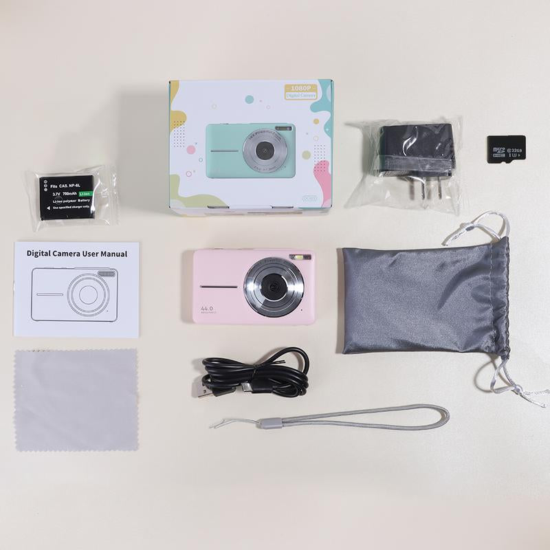 Camkory Digital Camera, Compact Protable Pocket Camera with 32GB SD Card, Self Timer,Anti-Shake, 16X Digital Zoom, FHD 1080P 44MP Point & Shoot Camera Suitable for Daily Photography and Holiday Gift【Light Pink】