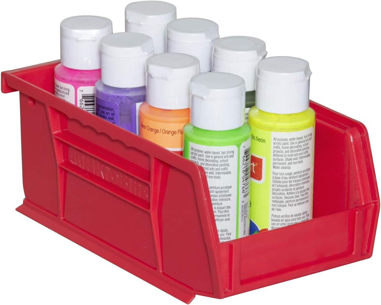30220 Akrobins Plastic Storage Bins, Space-Saving Stackable Bins for Garage, Pantry, Craft Organization, 7-Inch X 4-Inch X 3-Inch, Red, 24-Pack