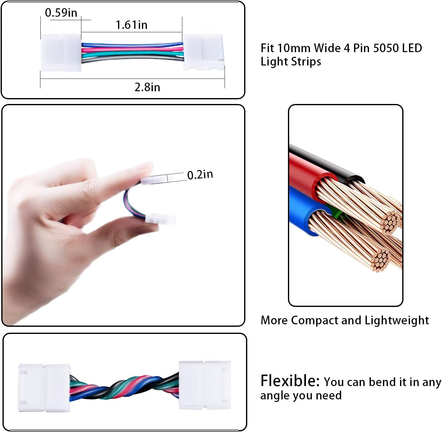 LED Light Connectors L Shape 4 Pin LED Connectors 10Mm Gapless Solderless Strip to Strip Jumper Adapter Terminal Extension LED Strip Connectors for RGB 3528/5050 LED Light Strip Connector