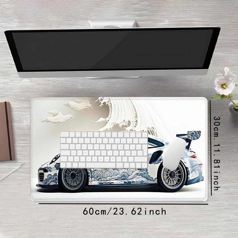 Ocean Wave & Racing Car Pattern Mouse Pad, 1 Count Large Gaming Desk Mat with Non-Slip Rubber Base, Keyboard Accessories, Large Desk Mouse Pad, Perfect for E-Sports and Office Use, Anime Mousepad