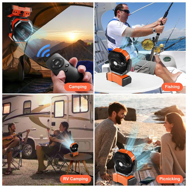 Odoland 40000Mah Camping Fan with LED Light, Battery Operated Oscillating Desk Fan with Remote & Hook, Rechargeable Outdoor Tent Fan with Timer for Hurricane Power Outage Travel Jobsite RV