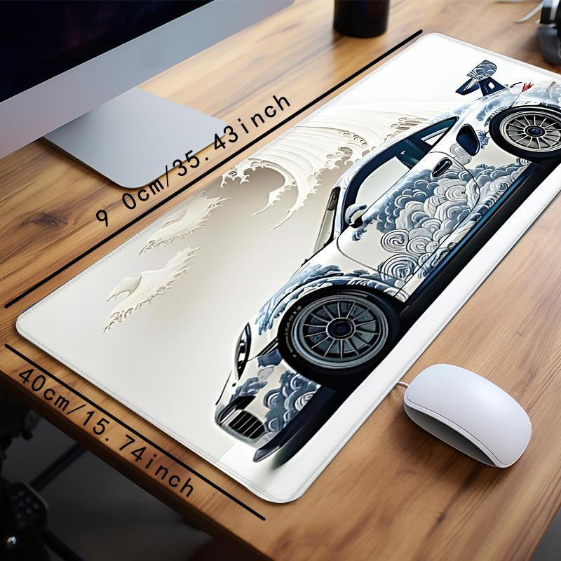 Ocean Wave & Racing Car Pattern Mouse Pad, 1 Count Large Gaming Desk Mat with Non-Slip Rubber Base, Keyboard Accessories, Large Desk Mouse Pad, Perfect for E-Sports and Office Use, Anime Mousepad