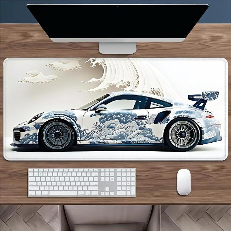 Ocean Wave & Racing Car Pattern Mouse Pad, 1 Count Large Gaming Desk Mat with Non-Slip Rubber Base, Keyboard Accessories, Large Desk Mouse Pad, Perfect for E-Sports and Office Use, Anime Mousepad