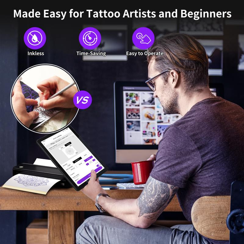 JADENS Wireless Tattoo Transfer Stencil Printer, Portable Thermal Tattoo Machine for Tattoo Beginners with 40Pcs Stencil Paper, Rechargeable & Inkless