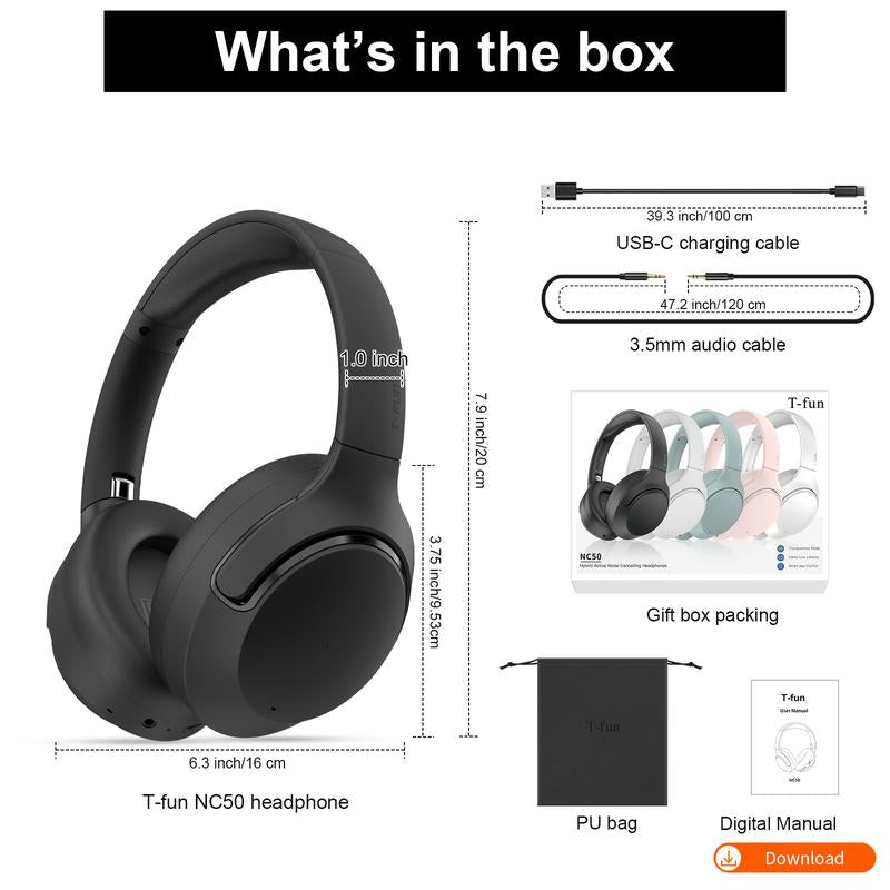 T-Fun NC50 Hybrid ANC Wireless Headphones, Built-In Mic, Low Latency,Be Aware of Safety Mode,Custom EQ, Over-Ear, Android/Iphone