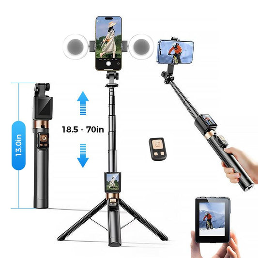 2025 New 5 in 1 Projection Rear Camera Selfie Stick ,With Selfie Monitor Screen,With Brush Tiktok Bluetooth Remote Control Scrolling ,With 2Pcs LED Fill Lights ,Maxinum Extend to 66.93 Inches , Phone Tripod, Content Creator Tools