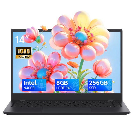 RNRUO 14-Inch Laptop Intel N4000 Dual-Core Processor 8GB RAM 256GB SSD ROM Windows 11 ,Suitable for Student Study ＆ Business Office