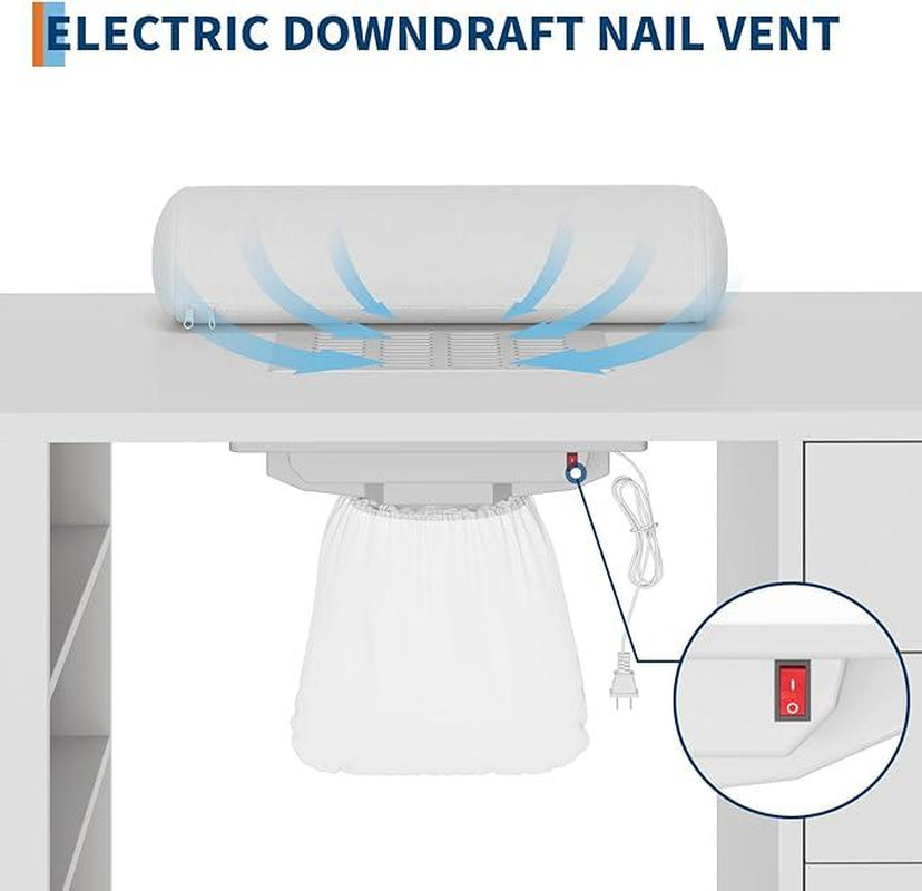 Nail Tech Table with Dust Collector and Wrist Cushion, Manicure Table Nail Desk Station with 1 Storage Cabinet, 2 Drawers and 4-Tiers Open Shelves, Nail Supplies Workstation Nail Table for Nail Tech