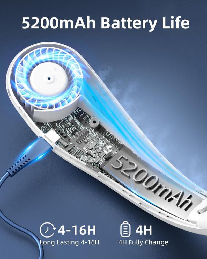 Portable Neck Fan, 5200Mah Rechargeable, 4H Use, Hands-Free Bladeless, 3 Speeds, for Travel, Sports, Office, Gift for Women Men,