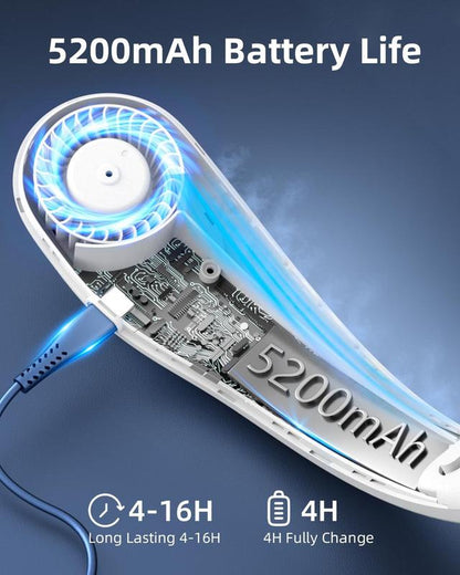 Portable Neck Fan, 5200Mah Rechargeable, 4H Use, Hands-Free Bladeless, 3 Speeds, for Travel, Sports, Office, Gift for Women Men,