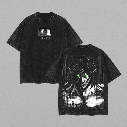 Eren Yeager Titan Form T-Shirt – Washed Attack on Titan Anime Tee, Oversized Streetwear, Premium Graphic Print, Heavyweight Cotton, Unisex Casual Outfit for AOT Fans Menswear Top