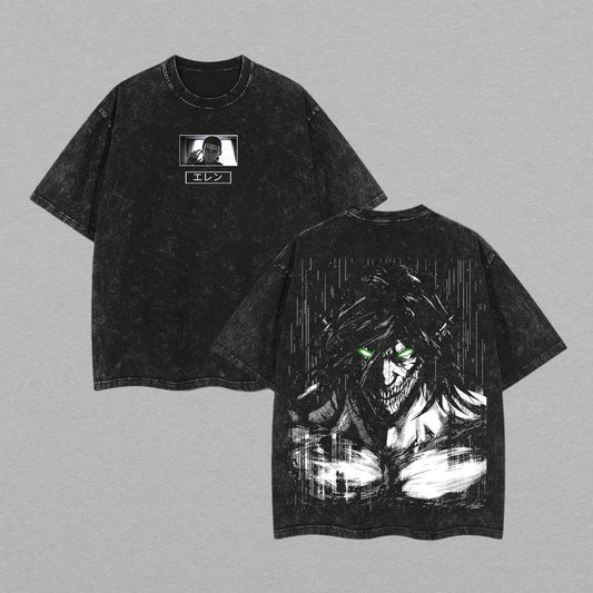 Eren Yeager Titan Form T-Shirt – Washed Attack on Titan Anime Tee, Oversized Streetwear, Premium Graphic Print, Heavyweight Cotton, Unisex Casual Outfit for AOT Fans Menswear Top