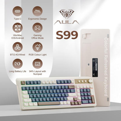 AULA S99 Key Keyboard, Tri-Mode Bluetooth/2.4Ghz/Usb-C Cute Creamy Gaming Keyboard with Number Pad RGB Backlit, Media Knob Custom for MAC Xbox PC Gamer Valentine'S Day Gift