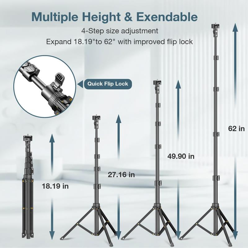 62'' Extendable Phone Tripod & Selfie Stick with Wireless Remote and Universal Holder, Compatible with Iphone, Android, and Cameras