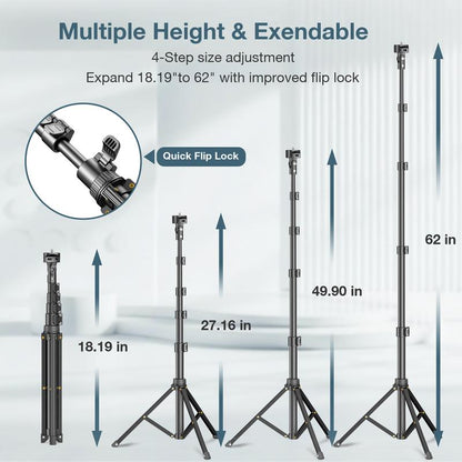 62'' Extendable Phone Tripod & Selfie Stick with Wireless Remote and Universal Holder, Compatible with Iphone, Android, and Cameras
