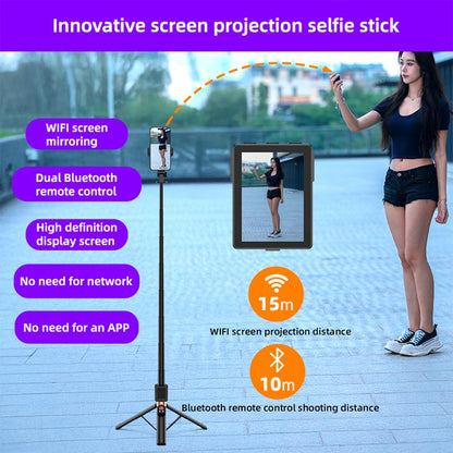 2025 New 5 in 1 Projection Rear Camera Selfie Stick ,With Selfie Monitor Screen,With Brush Tiktok Bluetooth Remote Control Scrolling ,With 2Pcs LED Fill Lights ,Maxinum Extend to 66.93 Inches , Phone Tripod, Content Creator Tools