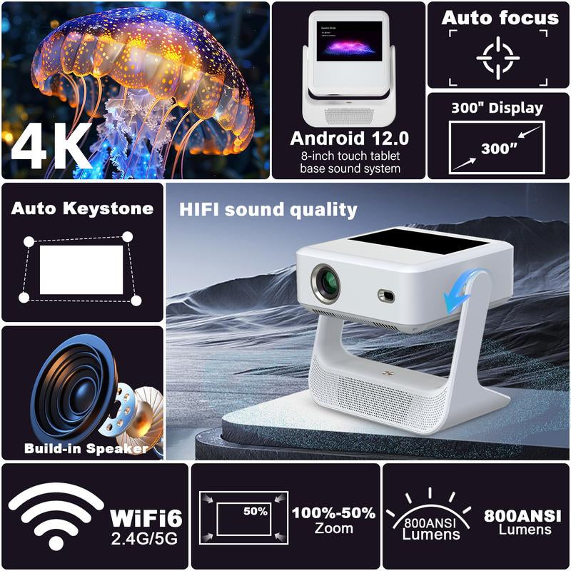 [US Warehouse] Aepuosem A2Pro 4K UHD Projector, 8-Inch Touch Tablet, Native 1080P, Auto Focus and Obstacle Avoidance, HIFI Speaker, Android 12, Wifi 6, Bluetooth Connection, 180° Rotation, Comes with Remote Control, Suitable for Games, Movies and Gifts.