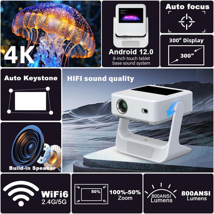 [US Warehouse] Aepuosem A2Pro 4K UHD Projector, 8-Inch Touch Tablet, Native 1080P, Auto Focus and Obstacle Avoidance, HIFI Speaker, Android 12, Wifi 6, Bluetooth Connection, 180° Rotation, Comes with Remote Control, Suitable for Games, Movies and Gifts.