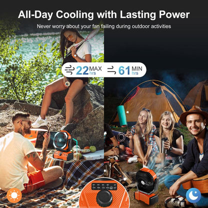 Odoland 40000Mah Camping Fan with LED Light, Battery Operated Oscillating Desk Fan with Remote & Hook, Rechargeable Outdoor Tent Fan with Timer for Hurricane Power Outage Travel Jobsite RV