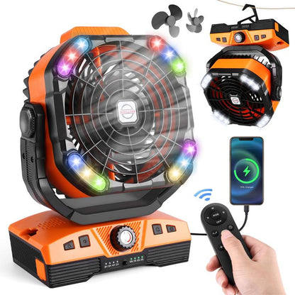 Odoland 40000Mah Camping Fan with LED Light, Battery Operated Oscillating Desk Fan with Remote & Hook, Rechargeable Outdoor Tent Fan with Timer for Hurricane Power Outage Travel Jobsite RV