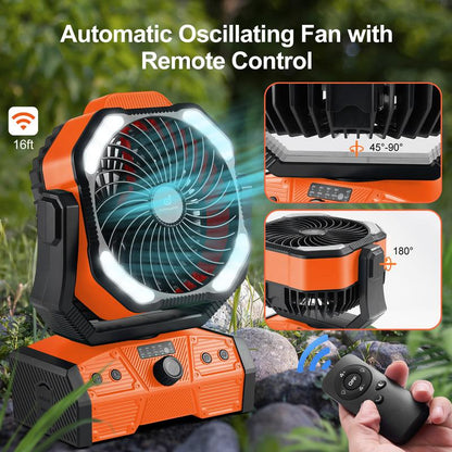 Odoland 40000Mah Camping Fan with LED Light, Battery Operated Oscillating Desk Fan with Remote & Hook, Rechargeable Outdoor Tent Fan with Timer for Hurricane Power Outage Travel Jobsite RV