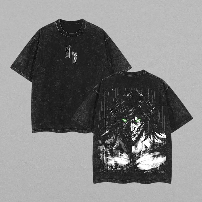Eren Yeager Titan Form T-Shirt – Washed Attack on Titan Anime Tee, Oversized Streetwear, Premium Graphic Print, Heavyweight Cotton, Unisex Casual Outfit for AOT Fans Menswear Top