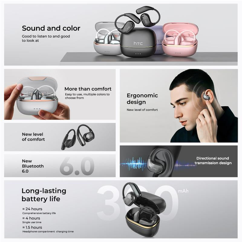 HTC NE18 AI Translation Bluetooth 6.0 Earphones with APP OWS Wireless Earbuds Stereo Support 135 Languages Real Time Bluetooth Translation IPX5 Waterproof Sports Headphones Built-In Microphone