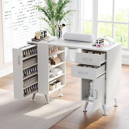 Nail Tech Table with Dust Collector and Wrist Cushion, Manicure Table Nail Desk Station with 1 Storage Cabinet, 2 Drawers and 4-Tiers Open Shelves, Nail Supplies Workstation Nail Table for Nail Tech