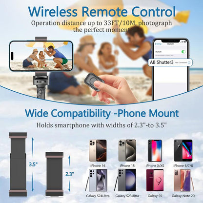 62'' Extendable Phone Tripod & Selfie Stick with Wireless Remote and Universal Holder, Compatible with Iphone, Android, and Cameras