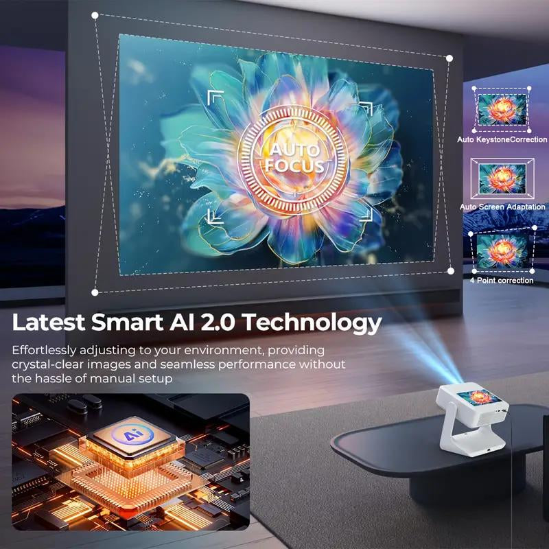 [US Warehouse] Aepuosem A2Pro 4K UHD Projector, 8-Inch Touch Tablet, Native 1080P, Auto Focus and Obstacle Avoidance, HIFI Speaker, Android 12, Wifi 6, Bluetooth Connection, 180° Rotation, Comes with Remote Control, Suitable for Games, Movies and Gifts.