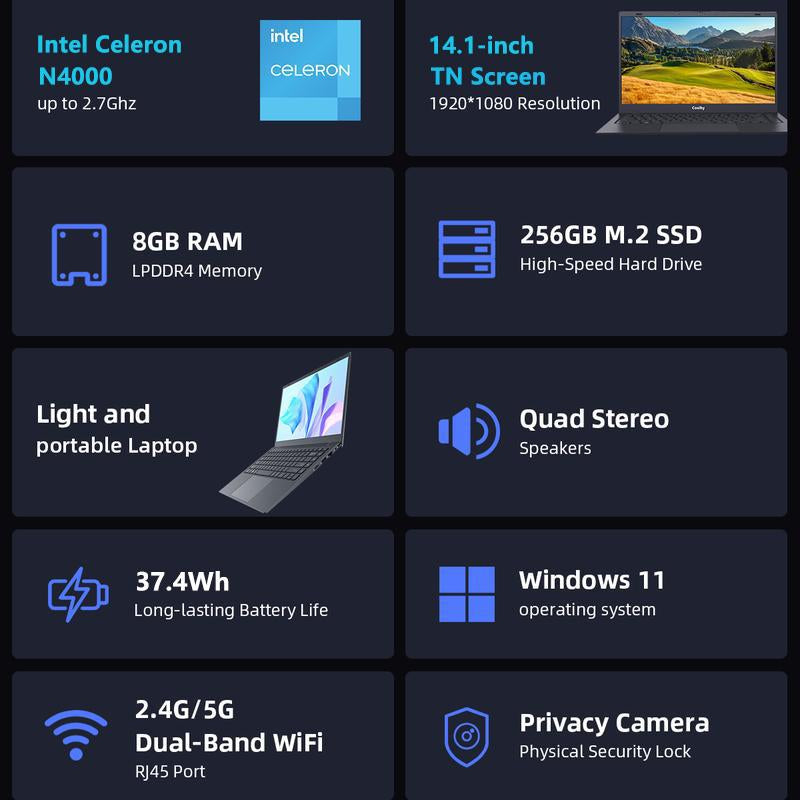 RNRUO 14-Inch Laptop Intel N4000 Dual-Core Processor 8GB RAM 256GB SSD ROM Windows 11 ,Suitable for Student Study ＆ Business Office