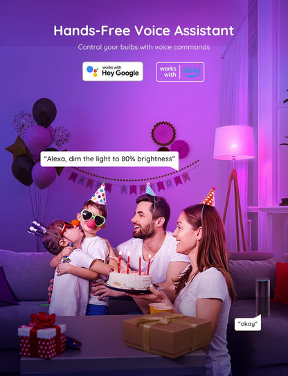 Smart Light Bulbs - Dimmable RGBWW Color Changing, Works with Alexa & Google Assistant, No Hub Required, 9W 60W Equivalent A19 LED for Bedroom Living Room (4 Pack)
