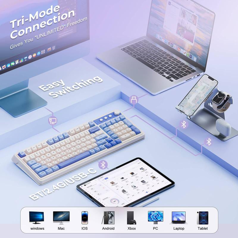 AULA S99 Key Keyboard, Tri-Mode Bluetooth/2.4Ghz/Usb-C Cute Creamy Gaming Keyboard with Number Pad RGB Backlit, Media Knob Custom for MAC Xbox PC Gamer Valentine'S Day Gift