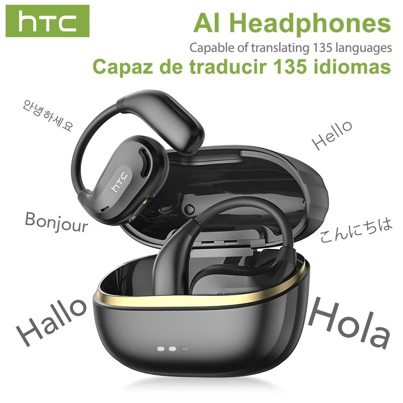 HTC NE18 AI Translation Bluetooth 6.0 Earphones with APP OWS Wireless Earbuds Stereo Support 135 Languages Real Time Bluetooth Translation IPX5 Waterproof Sports Headphones Built-In Microphone